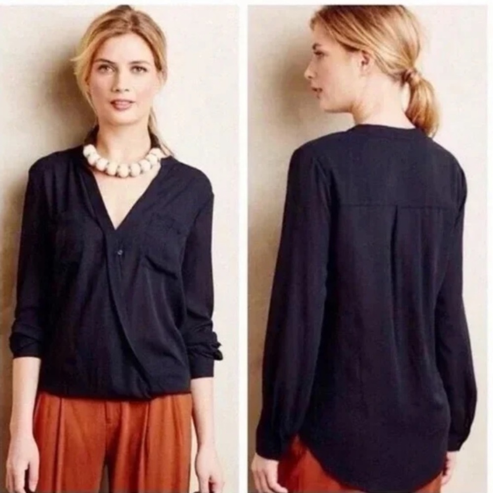 Anthropologie Maeve Women's Eva Wrap Long Sleeve Sheer Wrap Blouse Dark Navy 4